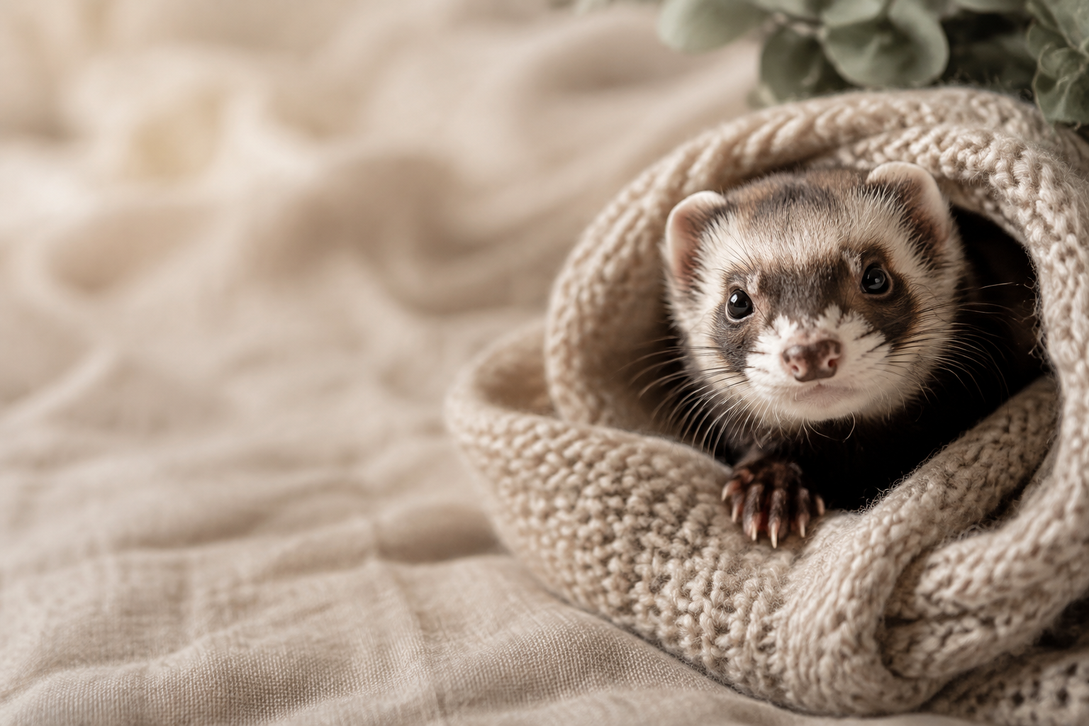 Un furet au pelage brun et crème blotti dans une couverture